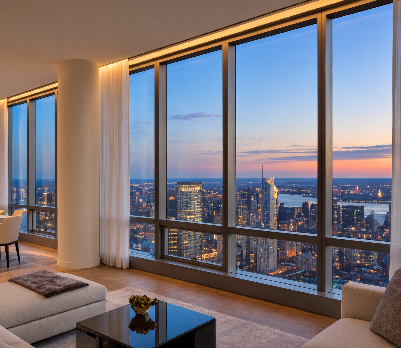 High-transparency glass framing a city view at dusk